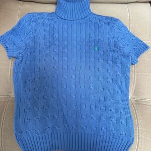 Ralph Lauren Blue Cable-Knit Short-Sleeve Turtleneck Sweater with Green Logo